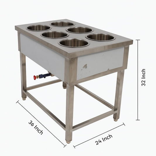 Gurubhai Equipments Commercial Gas 6 Pot Bain Marie | Stainless Steel Food Warmer for Restaurant, Hotel & Catering Use