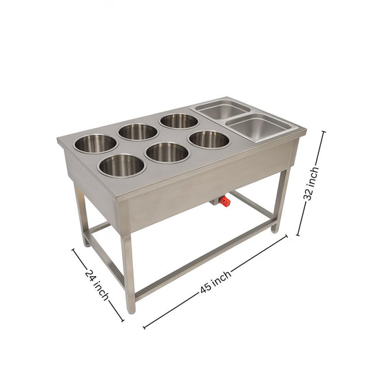 Gurubhai Equipments Commercial Electric 6 Pot Bain Marie with 2 GN Pans | Stainless Steel Food Warmer for Restaurant & Catering