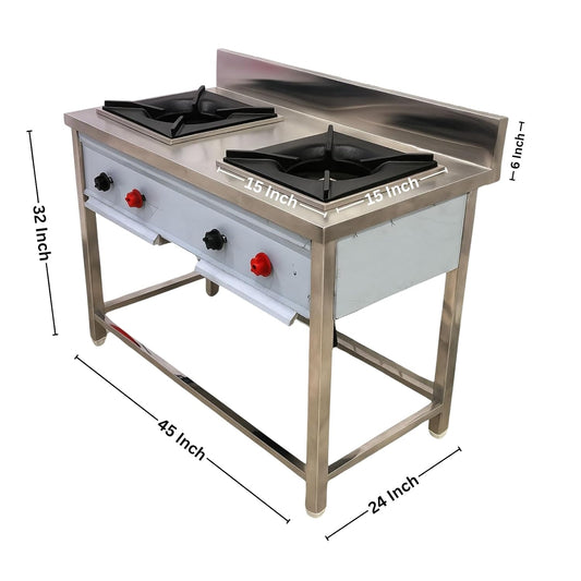 Gurubhai Equipments Commercial Double Burner Gas Range | Stainless Steel Heavy-Duty Gas Stove for Restaurant, Hotel & Catering Kitchen
