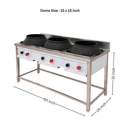Gurubhai Equipments Commercial 3 Burner Chinese Gas Range | Heavy-Duty Stainless Steel High Flame Gas Stove for Restaurant & Hotel Kitchen
