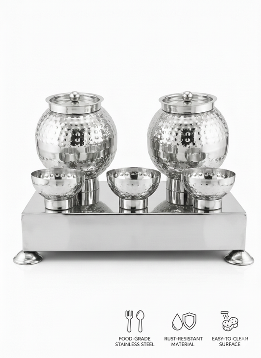 Stainless Steel Pani Puri Matka Set with Stand & Bowls | Hygienic Golgappa Serving Set for Street Food & Catering