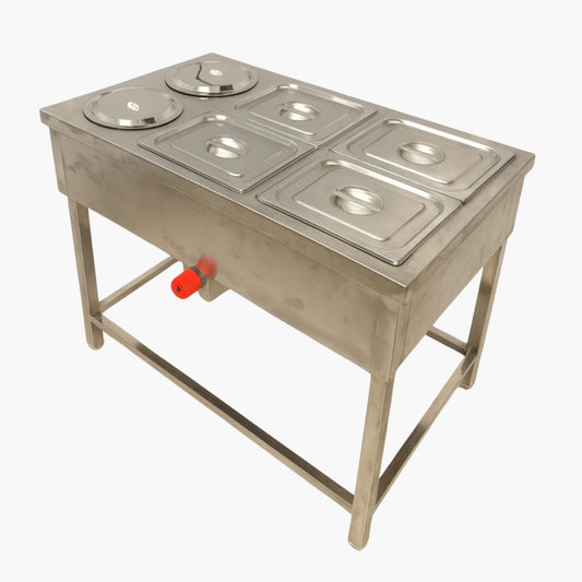 Gurubhai Equipments Commercial Gas Bain Marie with 2 Round Pots & 4 GN Pans | Stainless Steel Food Warmer for Restaurant & Catering