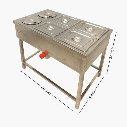 Gurubhai Equipments Commercial Gas Bain Marie with 2 Round Pots & 4 GN Pans | Stainless Steel Food Warmer for Restaurant & Catering
