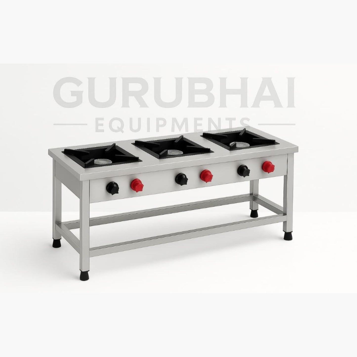 Gurubhai Equipments Commercial Triple Pot Burner (Indian Style) with Stand | Heavy-Duty Stainless Steel Triple Pot Gas Burner for Restaurant Kitchens