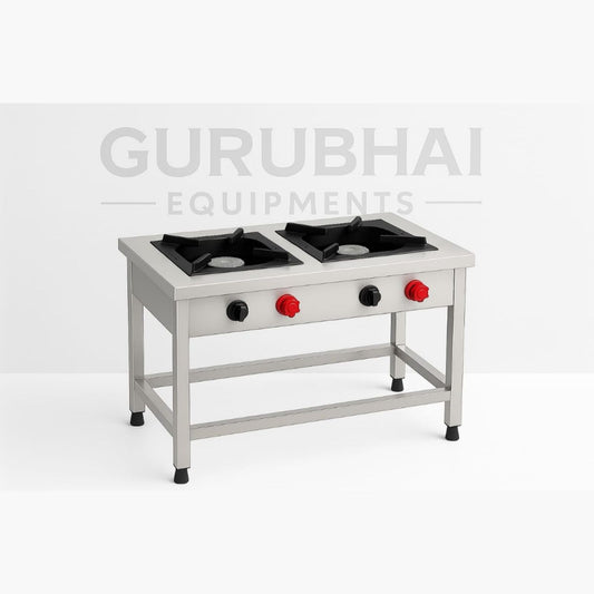 Gurubhai Equipments Commercial Double Pot Burner (Indian Style) with Stand | Heavy-Duty Stainless Steel Double Pot Gas Burner for Restaurant Kitchens