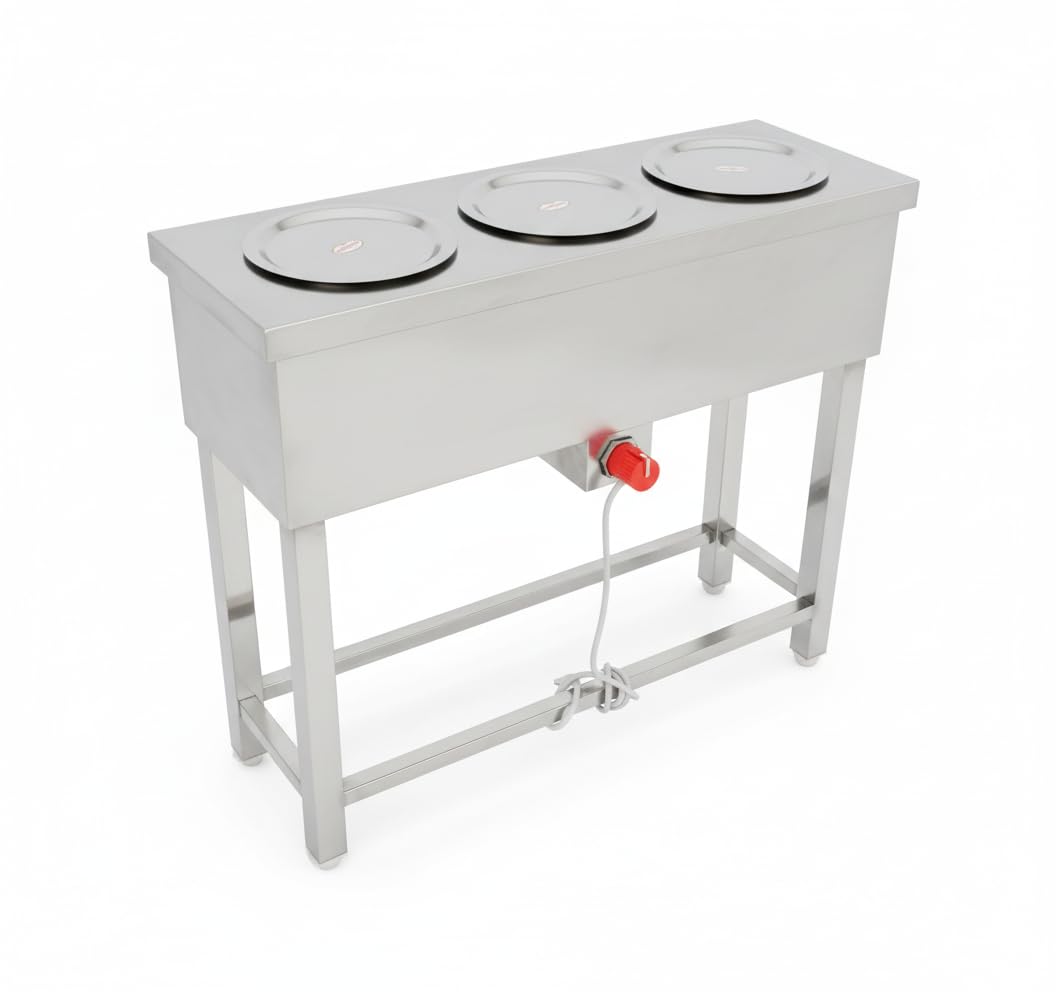 Gurubhai Equipments Commercial Electric 3 Pot Bain Marie | Stainless Steel Food Warmer for Restaurant, Hotel & Catering Use
