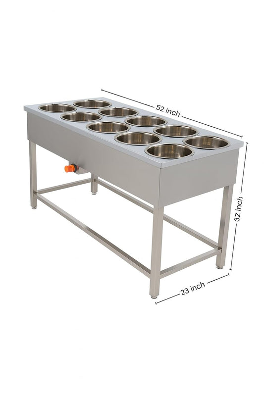 Gurubhai Equipments Commercial Gas 10 Pot Bain Marie | Stainless Steel Food Warmer for Restaurant, Hotel & Catering Use