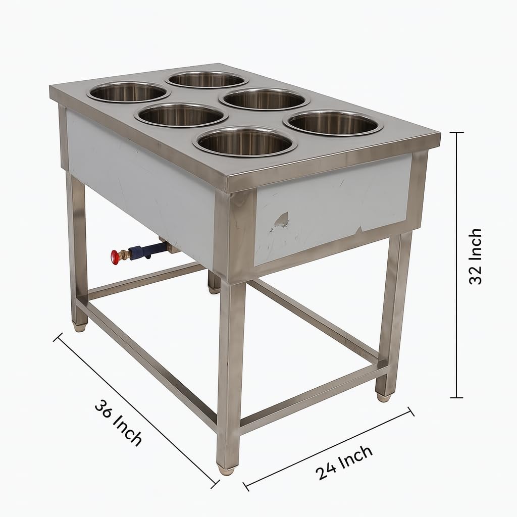 Gurubhai Equipments Commercial Gas 6 Pot Bain Marie | Stainless Steel Food Warmer for Restaurant, Hotel & Catering Use