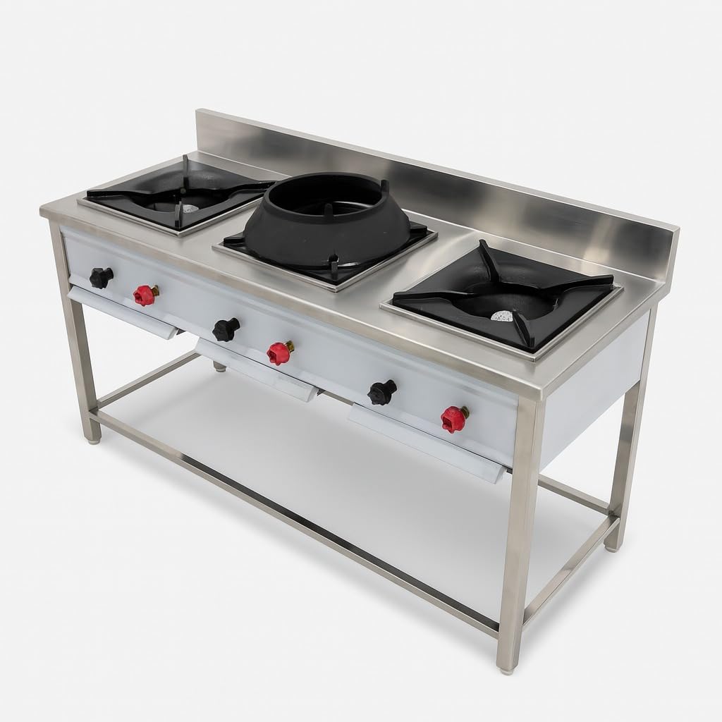 Gurubhai Equipments Commercial 3 Burner Gas Range with 2 Indian & 1 Chinese Burner | Stainless Steel Heavy-Duty Gas Stove for Restaurant & Hotel Kitchen