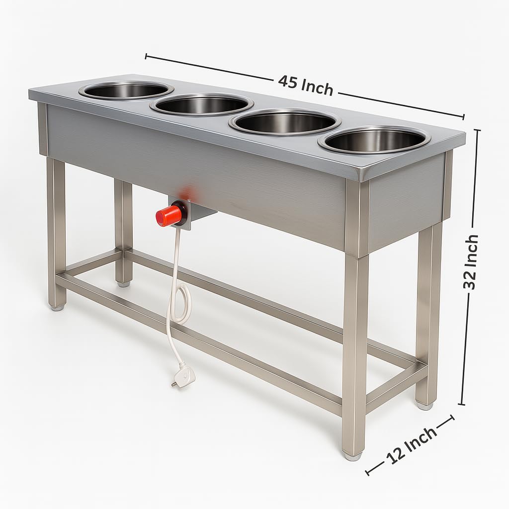 Gurubhai Equipments Commercial Electric 4 Pot Bain Marie | Stainless Steel Food Warmer for Restaurant, Hotel & Catering Use