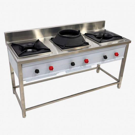 Gurubhai Equipments Commercial 3 Burner Gas Range with 2 Indian & 1 Chinese Burner | Stainless Steel Heavy-Duty Gas Stove for Restaurant & Hotel Kitchen