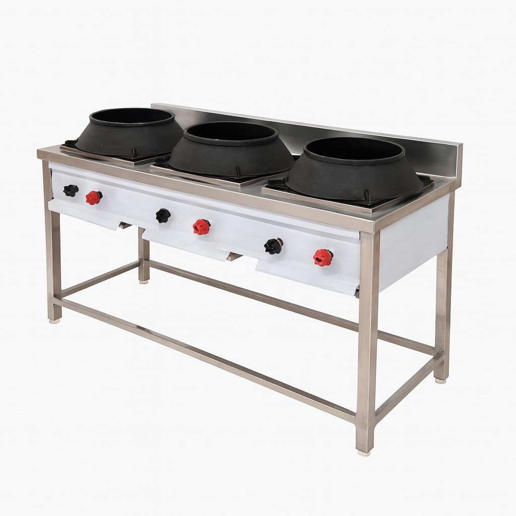 Gurubhai Equipments Commercial 3 Burner Chinese Gas Range | Heavy-Duty Stainless Steel High Flame Gas Stove for Restaurant & Hotel Kitchen