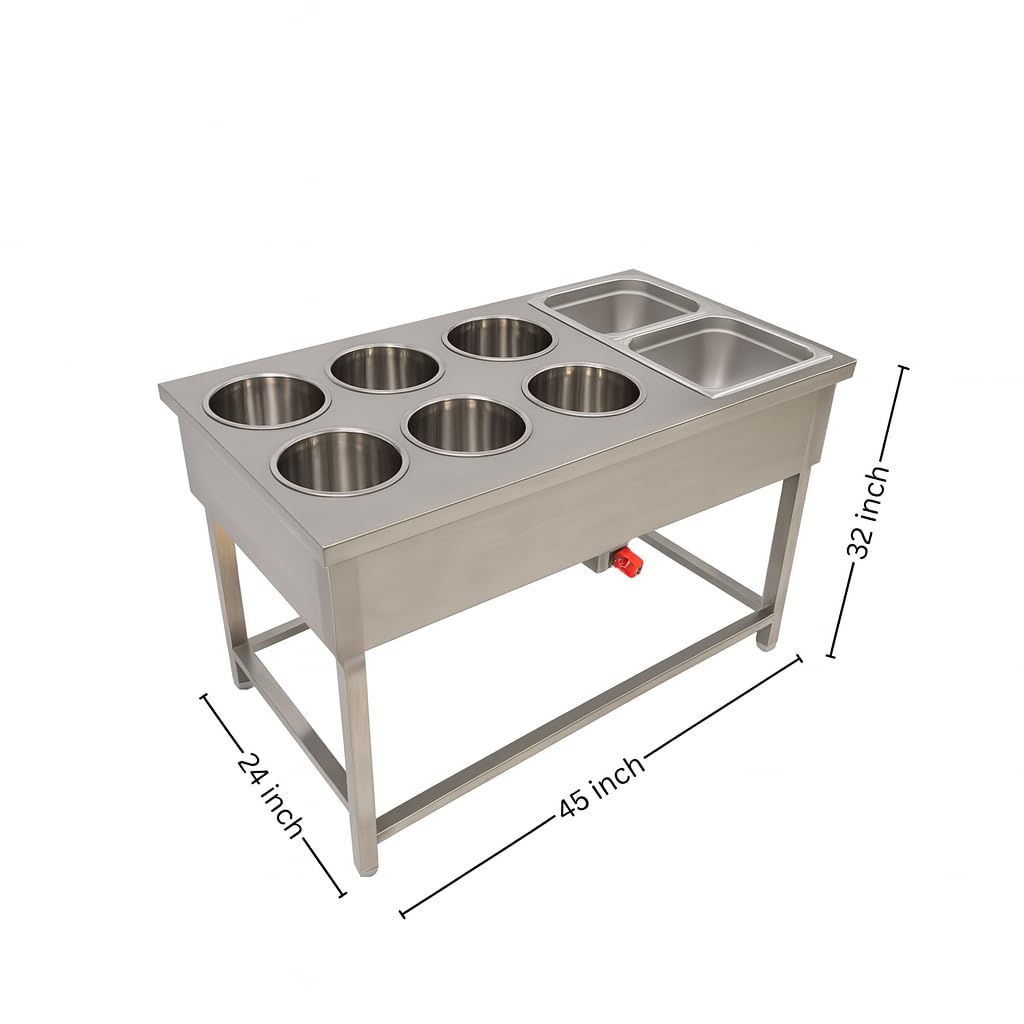 Gurubhai Equipments Commercial Electric 6 Pot Bain Marie with 2 GN Pans | Stainless Steel Food Warmer for Restaurant & Catering