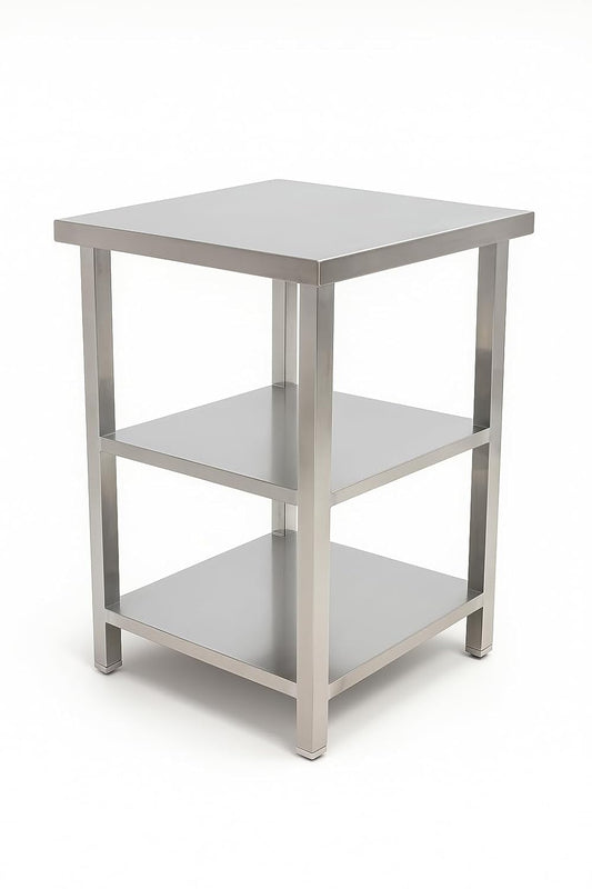 Gurubhai Equipments Commercial Stainless Steel Work Table with 2 Shelves | Heavy Duty SS Kitchen Table for Restaurant & Hotel Use