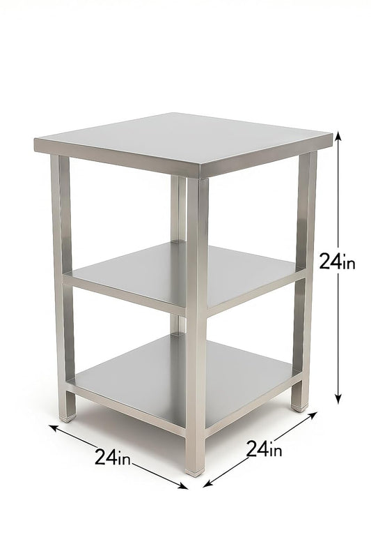 Gurubhai Equipments Commercial Stainless Steel Work Table with 2 Shelves | Heavy Duty SS Kitchen Table for Restaurant & Hotel Use