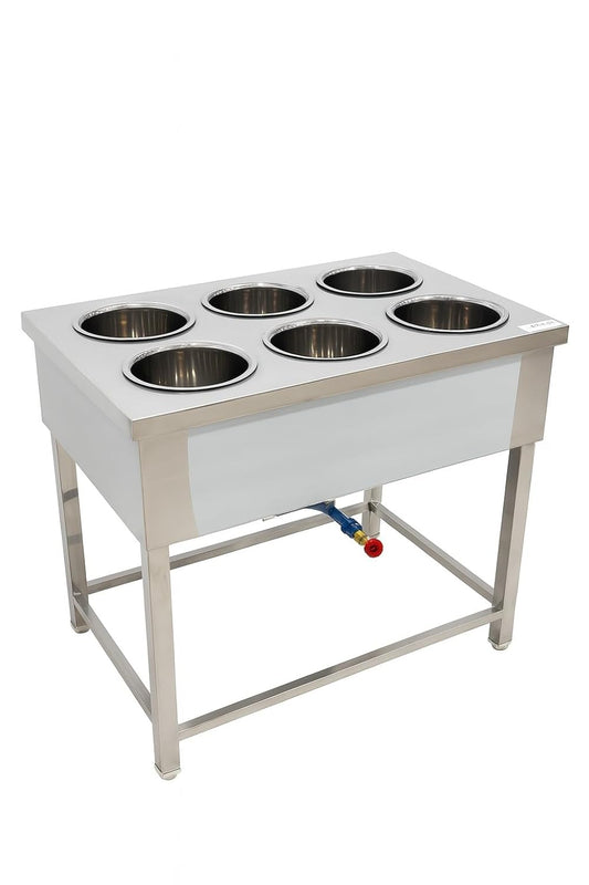 Gurubhai Equipments Commercial Gas 6 Pot Bain Marie | Stainless Steel Food Warmer for Restaurant, Hotel & Catering Use