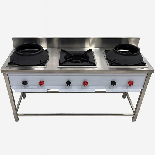 Gurubhai Equipments Commercial 3 Burner Gas Range with 1 Indian Burners & 2 Chinese Burner | Heavy-Duty Stainless Steel Gas Stove for Restaurant Kitchen