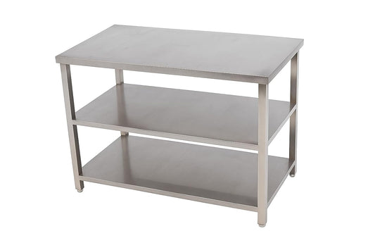 Gurubhai Equipments Commercial Stainless Steel Work Table with 2 Shelves | Heavy Duty SS Kitchen Table for Restaurant & Hotel Use