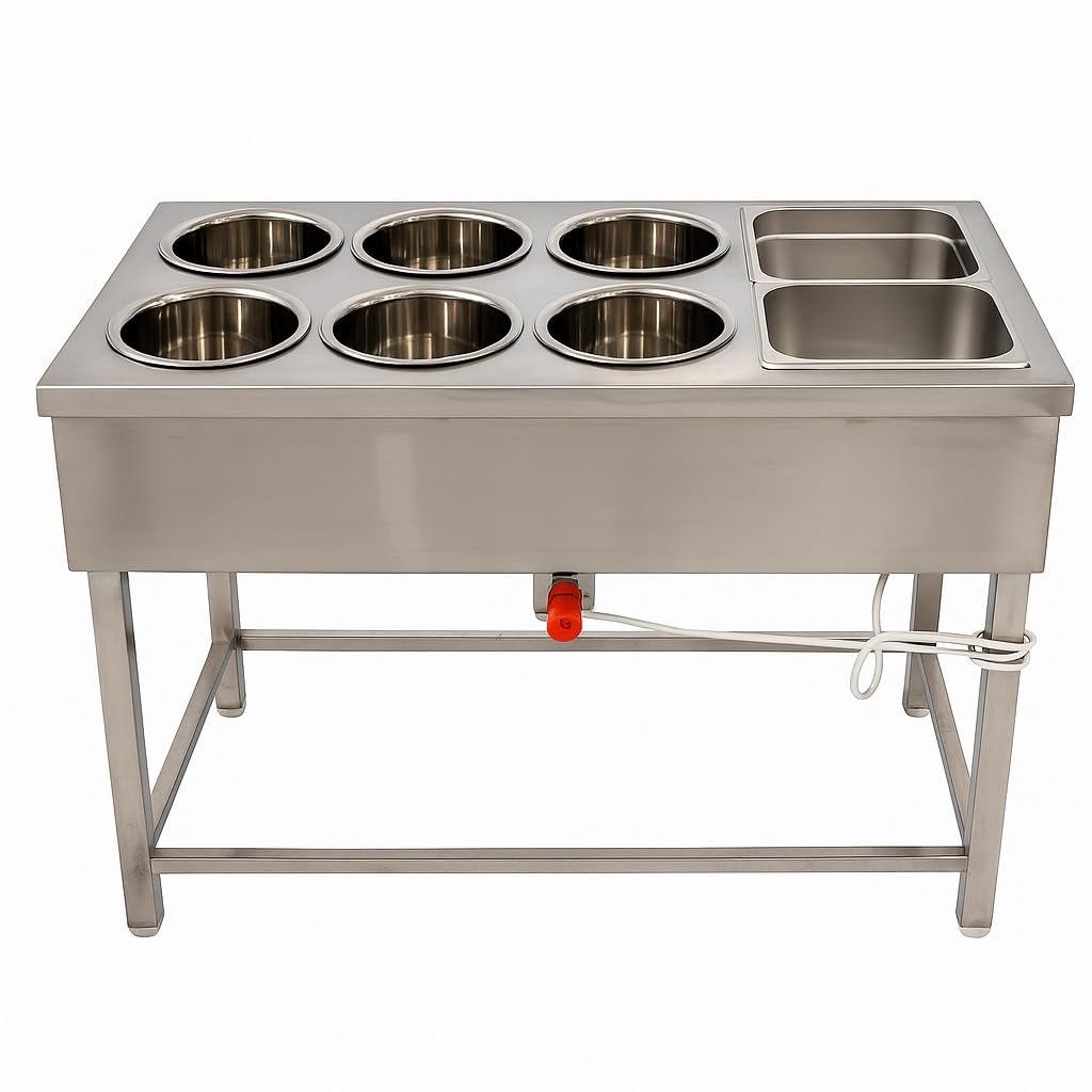 Gurubhai Equipments Commercial Electric 6 Pot Bain Marie with 2 GN Pans | Stainless Steel Food Warmer for Restaurant & Catering