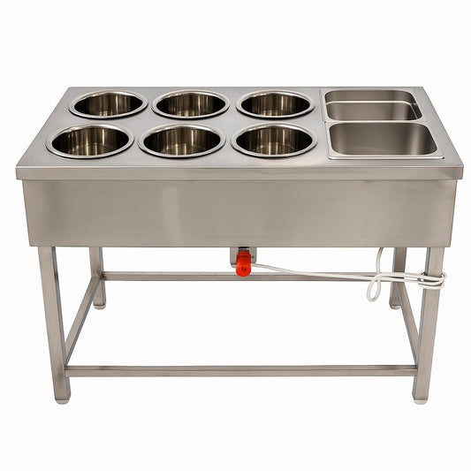Gurubhai Equipments Commercial Electric 6 Pot Bain Marie with 2 GN Pans | Stainless Steel Food Warmer for Restaurant & Catering