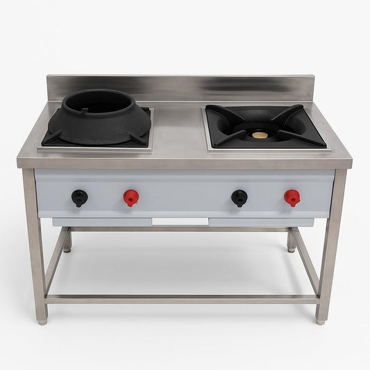 Gurubhai Equipments Commercial Double Burner Gas Range with Indian & Chinese Burner | Stainless Steel Gas Stove for Restaurant & Hotel Kitchen