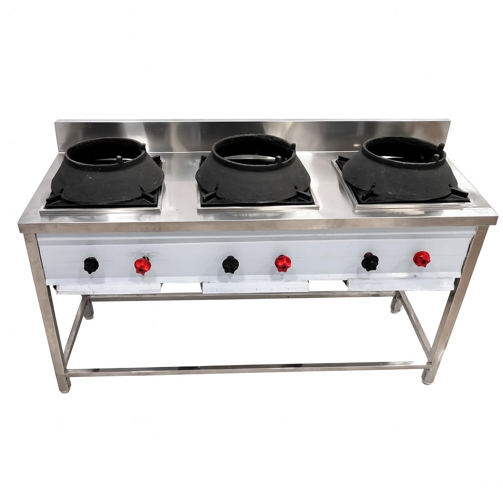 Gurubhai Equipments Commercial 3 Burner Chinese Gas Range | Heavy-Duty Stainless Steel High Flame Gas Stove for Restaurant & Hotel Kitchen