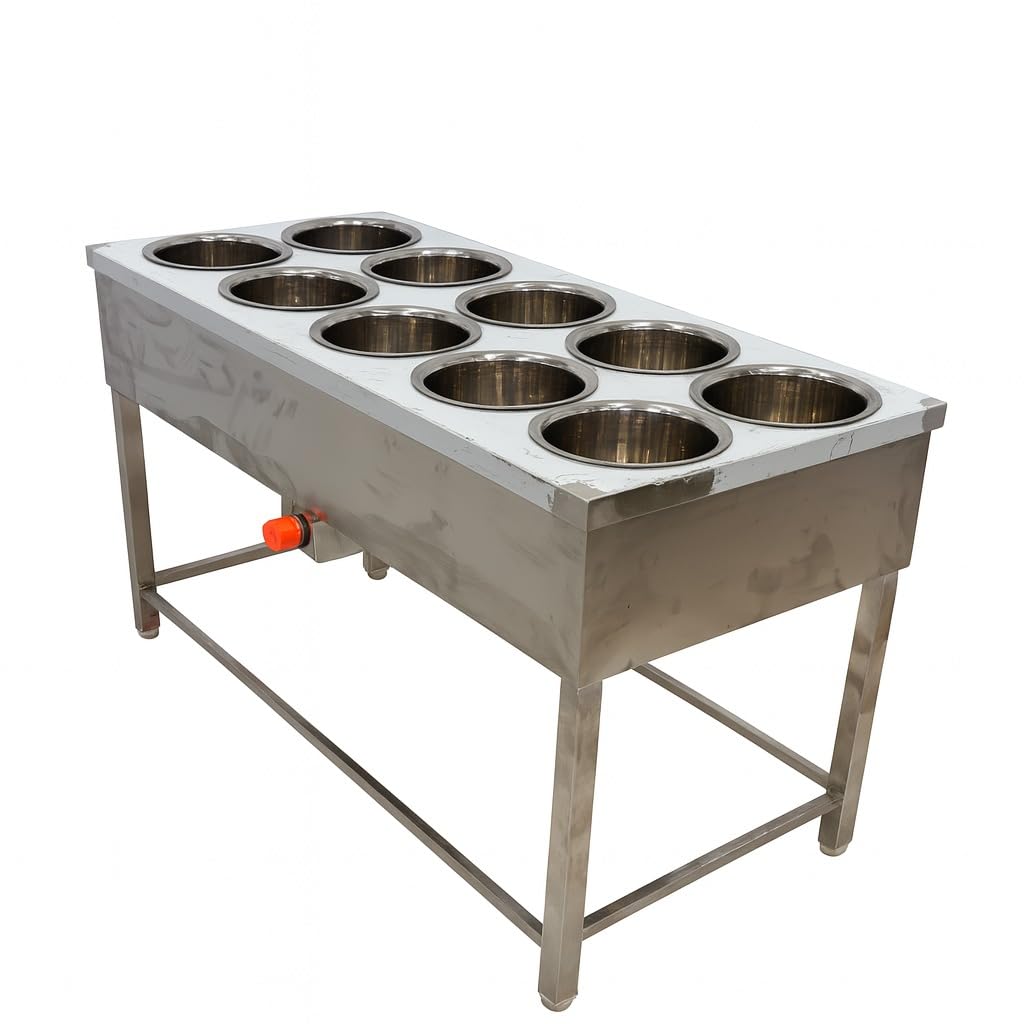 Gurubhai Equipments Commercial Gas 10 Pot Bain Marie | Stainless Steel Food Warmer for Restaurant, Hotel & Catering Use