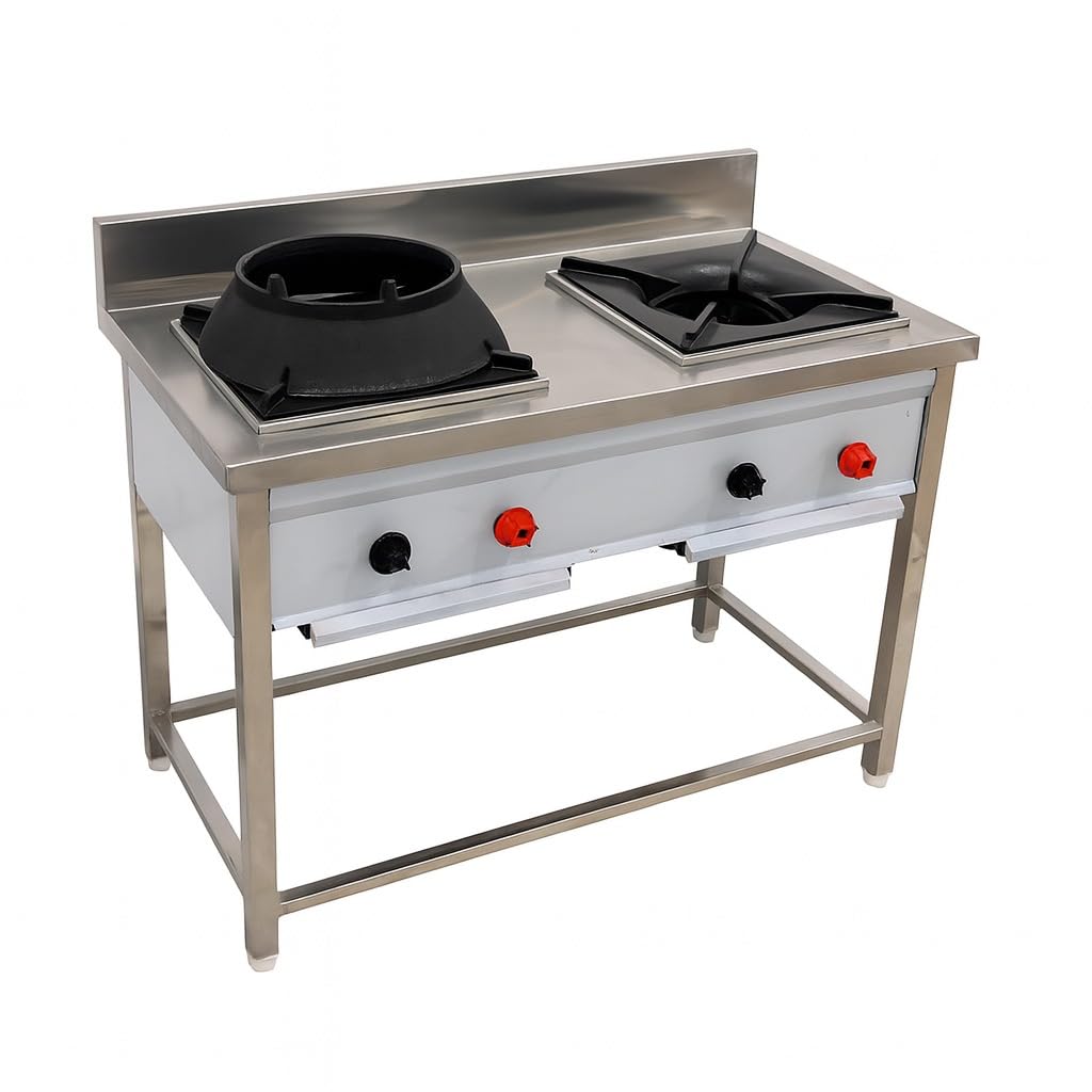 Gurubhai Equipments Commercial Double Burner Gas Range with Indian & Chinese Burner | Stainless Steel Gas Stove for Restaurant & Hotel Kitchen