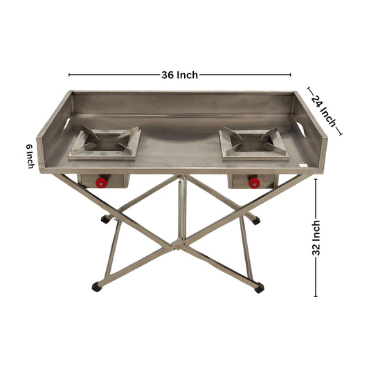 Gurubhai Equipments Commercial Double Indian Folding Gas Burner with Splash Guard | Stainless Steel High Flame Catering Burner
