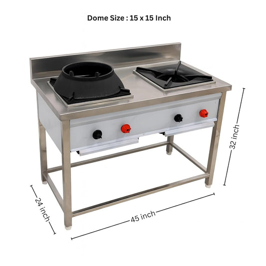Gurubhai Equipments Commercial Double Burner Gas Range with Indian & Chinese Burner | Stainless Steel Gas Stove for Restaurant & Hotel Kitchen