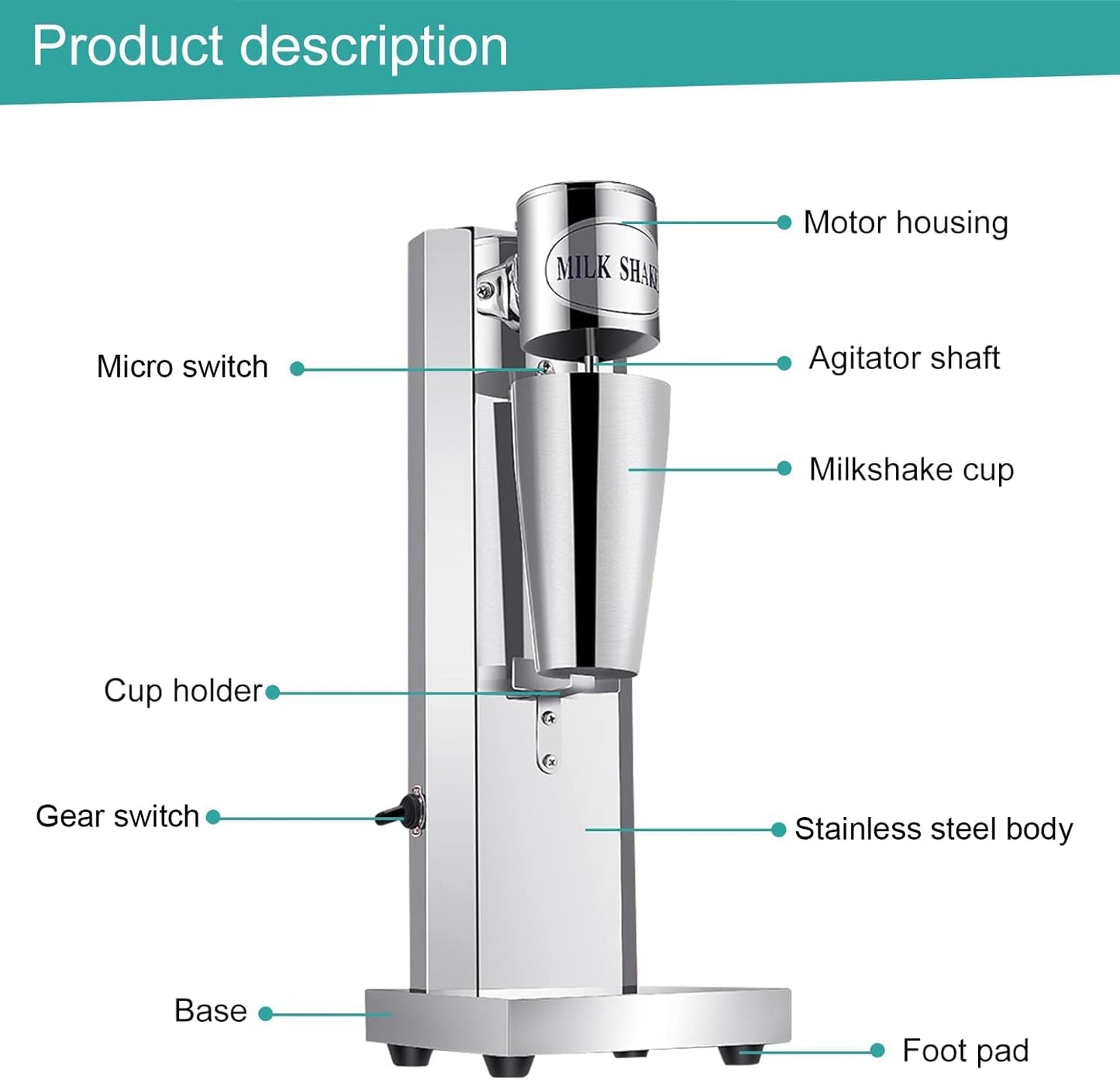 Gurubhai Equipments Electric Stainless Steel Single Head Milkshake Maker, 2-Speed Commercial Mixer with 220V, Includes Mixing Cup, Ideal for Smoothies – Heavy-Duty Drink Blender (Single Head)