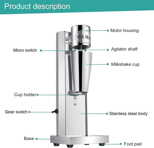 Gurubhai Equipments Electric Stainless Steel Single Head Milkshake Maker, 2-Speed Commercial Mixer with 220V, Includes Mixing Cup, Ideal for Smoothies – Heavy-Duty Drink Blender (Single Head)