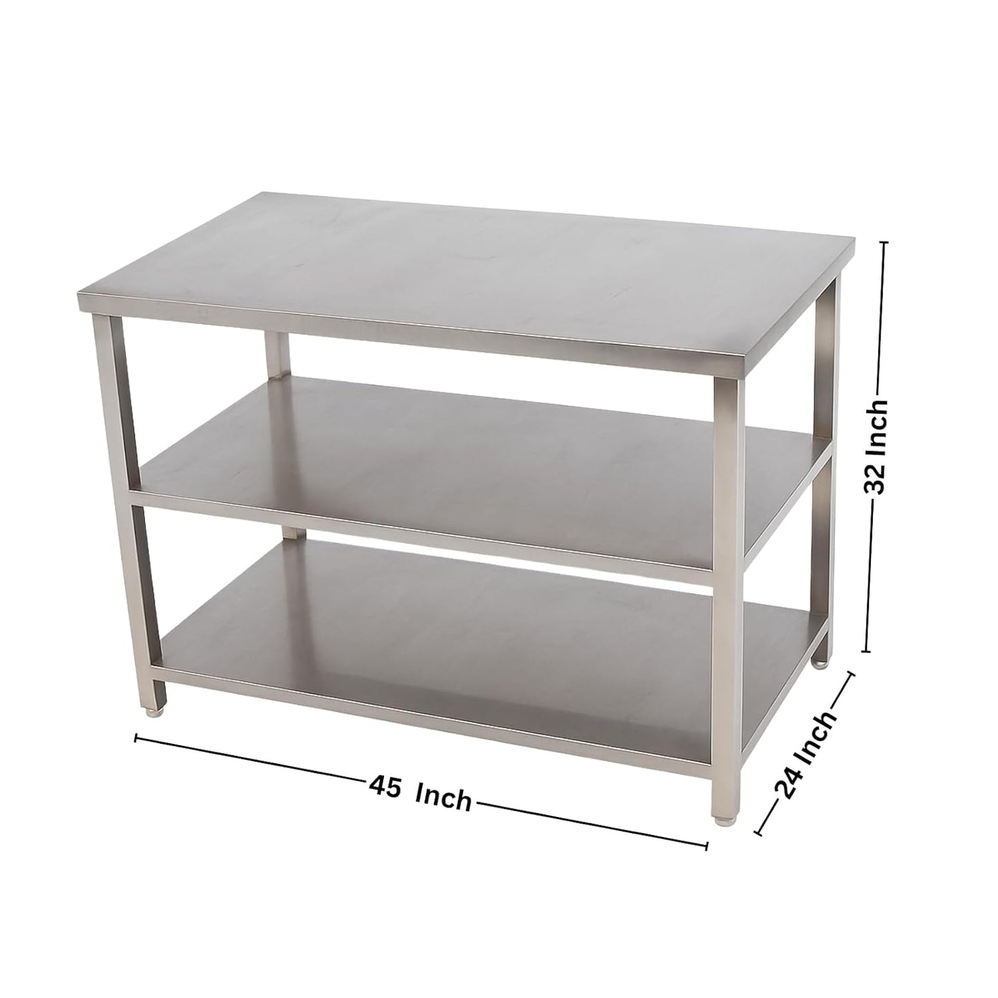 Gurubhai Equipments Commercial Stainless Steel Work Table with 2 Shelves | Heavy Duty SS Kitchen Table for Restaurant & Hotel Use