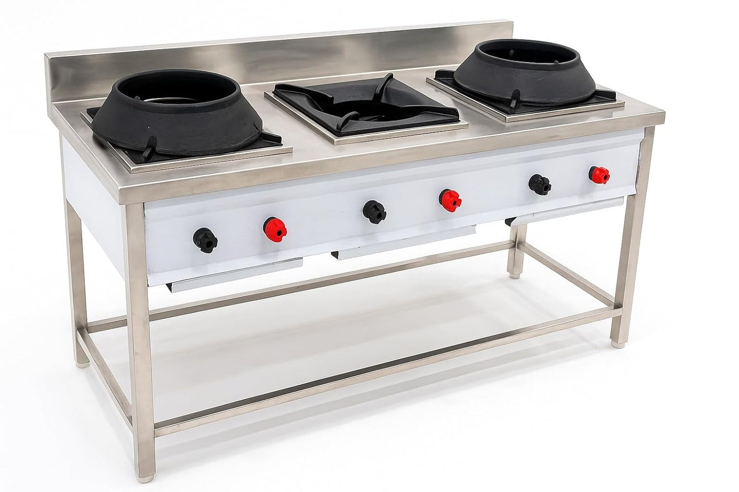 Gurubhai Equipments Commercial 3 Burner Gas Range with 1 Indian Burners & 2 Chinese Burner | Heavy-Duty Stainless Steel Gas Stove for Restaurant Kitchen