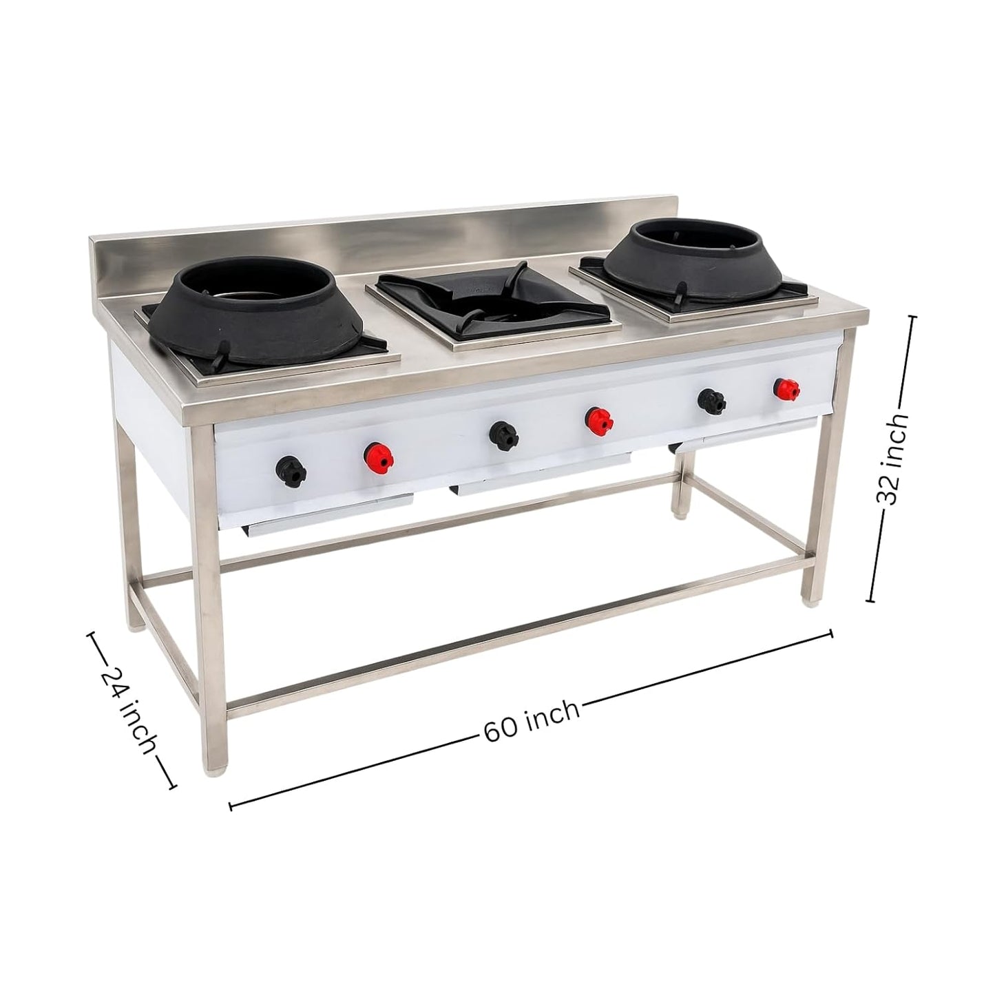 Gurubhai Equipments Commercial 3 Burner Gas Range with 1 Indian Burners & 2 Chinese Burner | Heavy-Duty Stainless Steel Gas Stove for Restaurant Kitchen