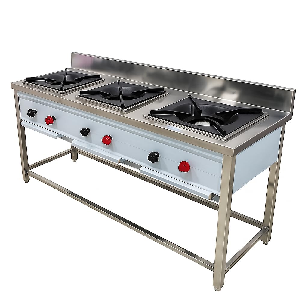 Commercial Three Burner Gas Range | Stainless Steel Heavy-Duty Gas Stove for Restaurant, Hotel & Catering Kitchen