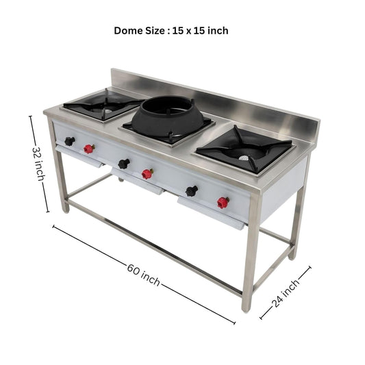 Gurubhai Equipments Commercial 3 Burner Gas Range with 2 Indian & 1 Chinese Burner | Stainless Steel Heavy-Duty Gas Stove for Restaurant & Hotel Kitchen