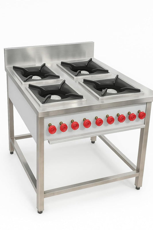 Gurubhai Equipments Commercial 4 Burner Gas Range | Stainless Steel Heavy-Duty Gas Stove for Restaurant, Hotel & Catering Kitchen