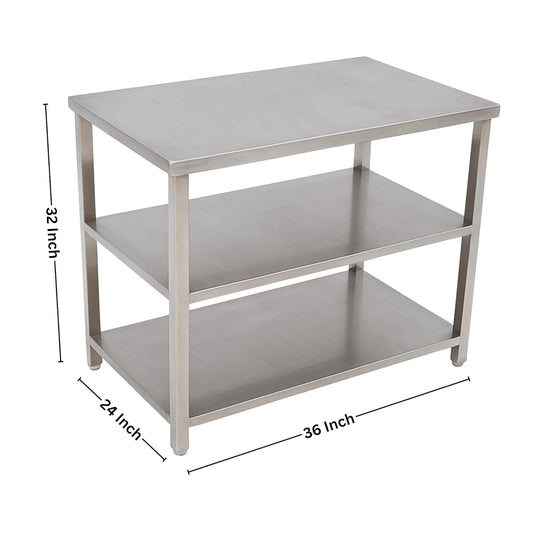 Gurubhai Equipments Commercial Stainless Steel Work Table with 2 Shelves | Heavy Duty SS Kitchen Table for Restaurant & Hotel Use