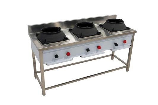 Gurubhai Equipments Commercial 3 Burner Chinese Gas Range | Heavy-Duty Stainless Steel High Flame Gas Stove for Restaurant & Hotel Kitchen