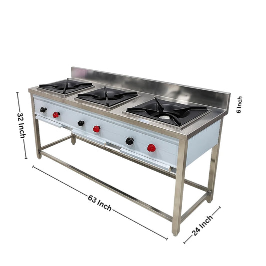 Commercial Three Burner Gas Range | Stainless Steel Heavy-Duty Gas Stove for Restaurant, Hotel & Catering Kitchen
