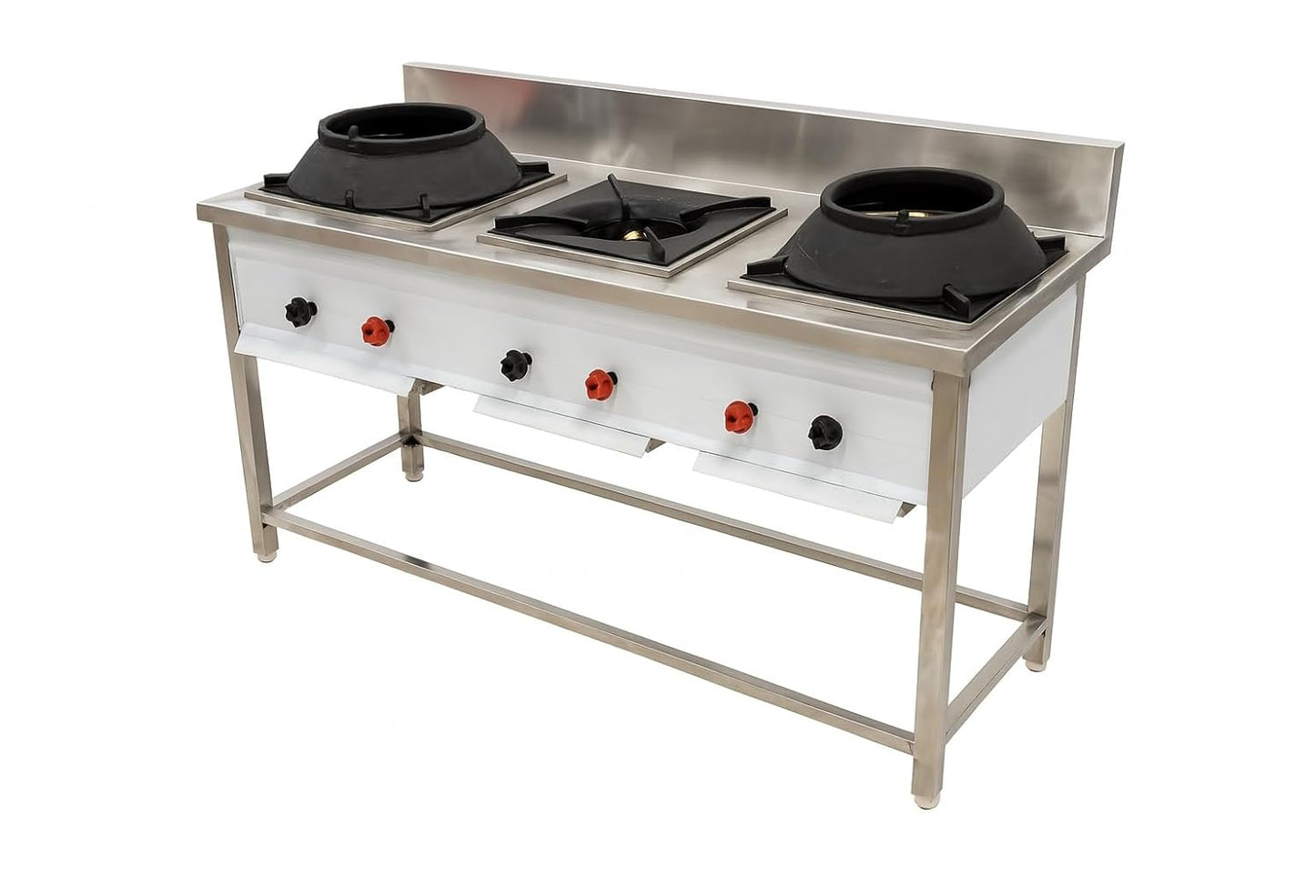 Gurubhai Equipments Commercial 3 Burner Gas Range with 1 Indian Burners & 2 Chinese Burner | Heavy-Duty Stainless Steel Gas Stove for Restaurant Kitchen