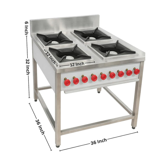 Gurubhai Equipments Commercial 4 Burner Gas Range | Stainless Steel Heavy-Duty Gas Stove for Restaurant, Hotel & Catering Kitchen