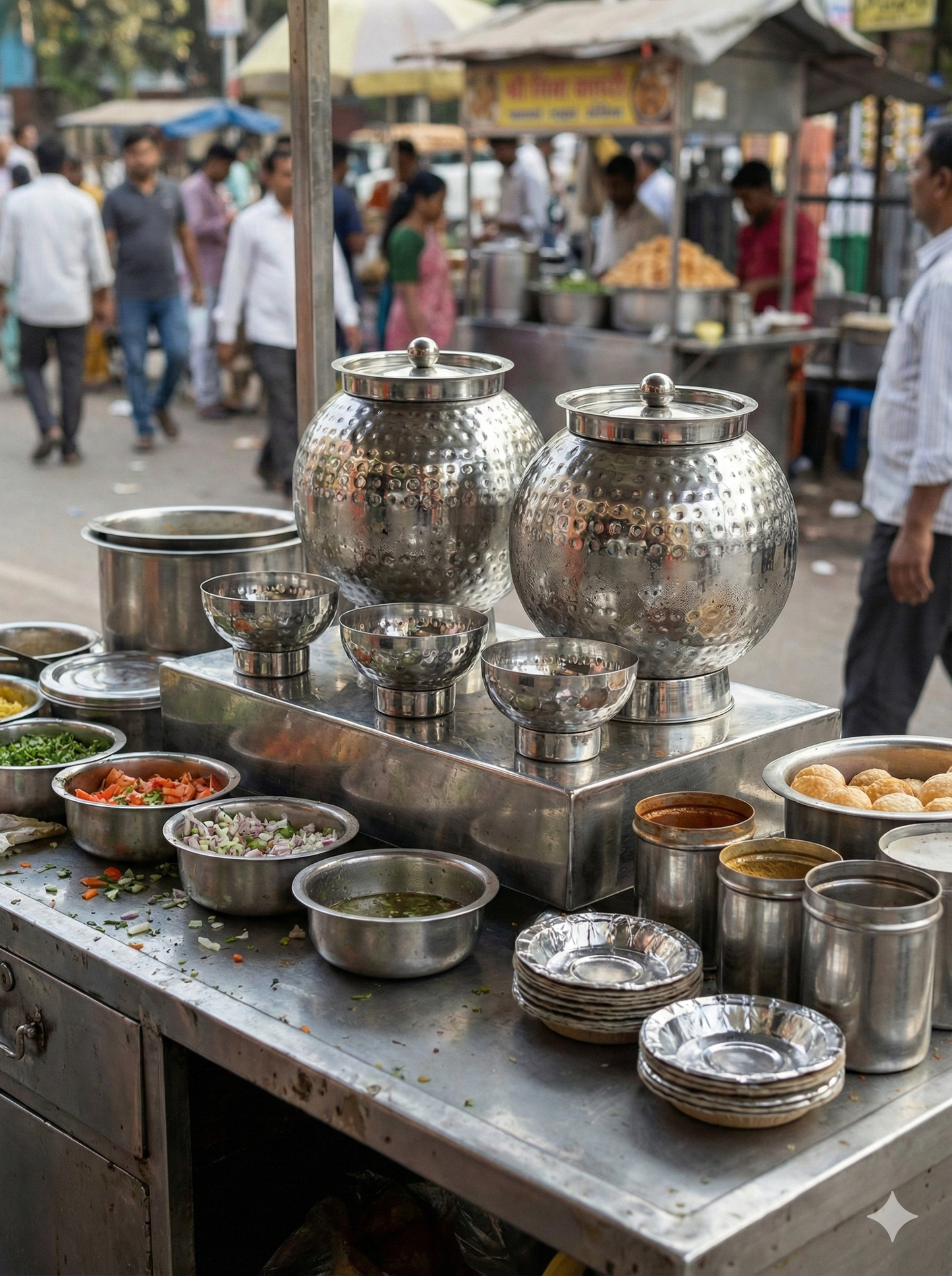 Stainless Steel Pani Puri Matka Set with Stand & Bowls | Hygienic Golgappa Serving Set for Street Food & Catering