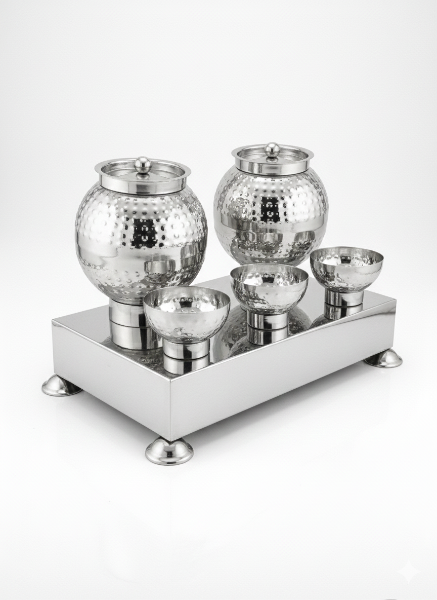 Stainless Steel Pani Puri Matka Set with Stand & Bowls | Hygienic Golgappa Serving Set for Street Food & Catering
