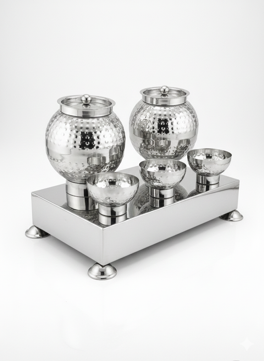 Stainless Steel Pani Puri Matka Set with Stand & Bowls | Hygienic Golgappa Serving Set for Street Food & Catering