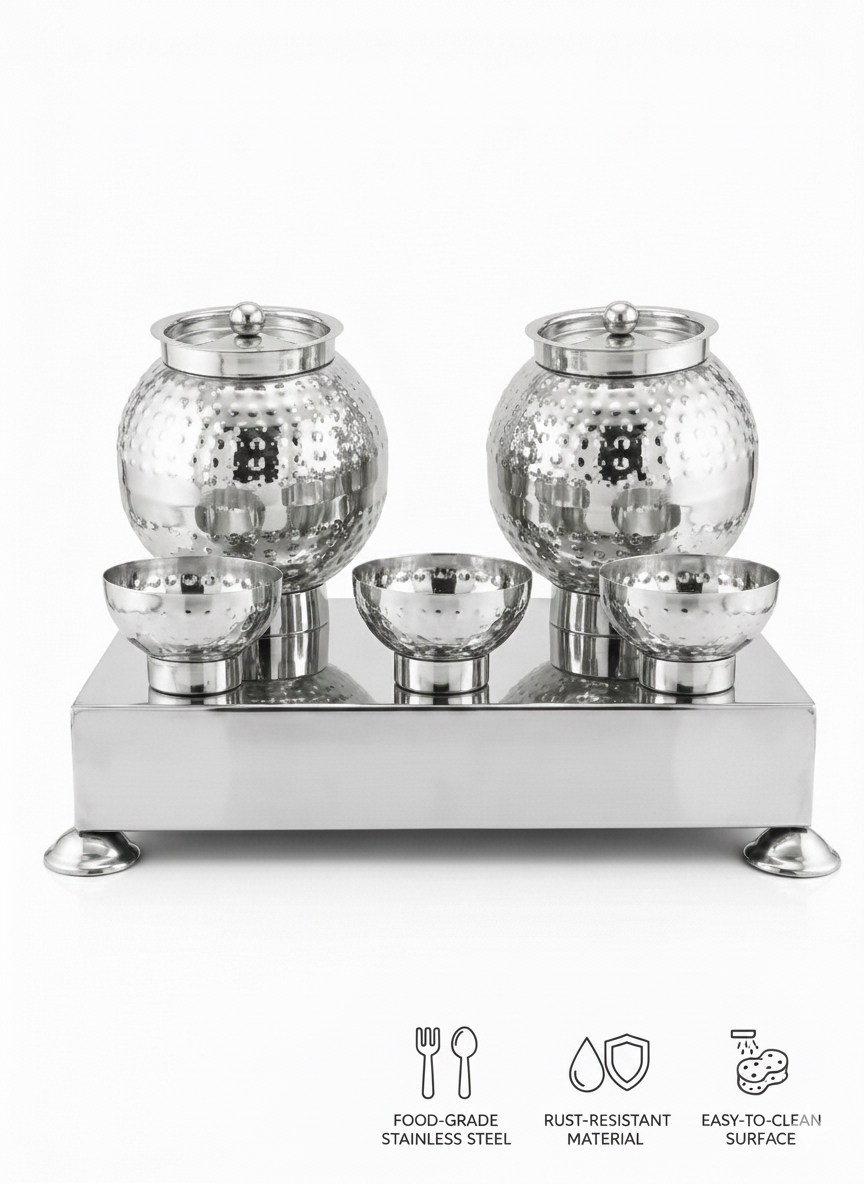 Stainless Steel Pani Puri Matka Set with Stand & Bowls | Hygienic Golgappa Serving Set for Street Food & Catering